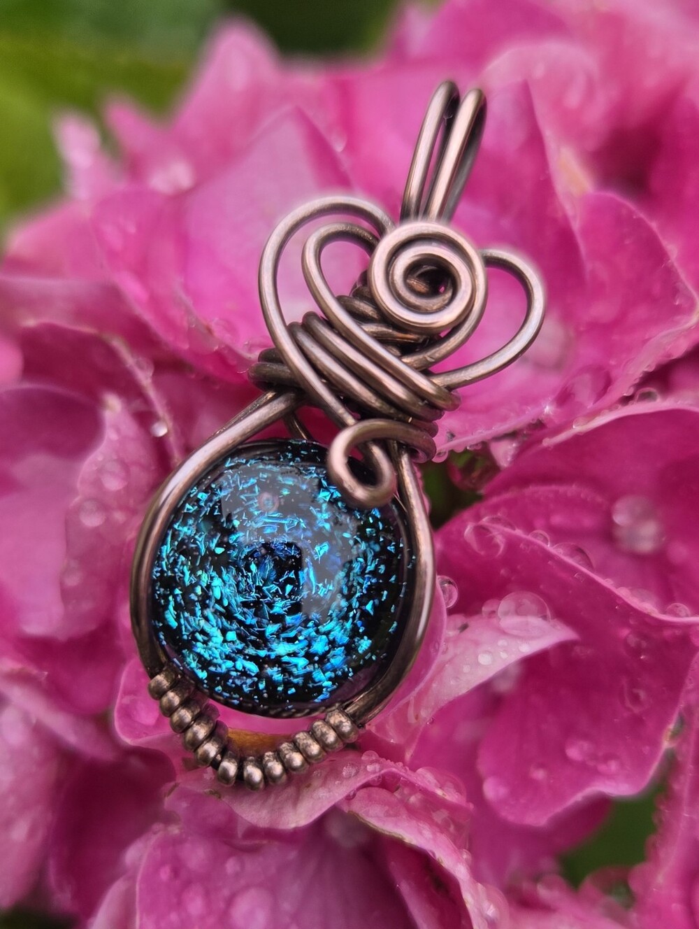 Blue Dichro Glass Marble Copper Wire Wrap Pendant Boho Festival Wear